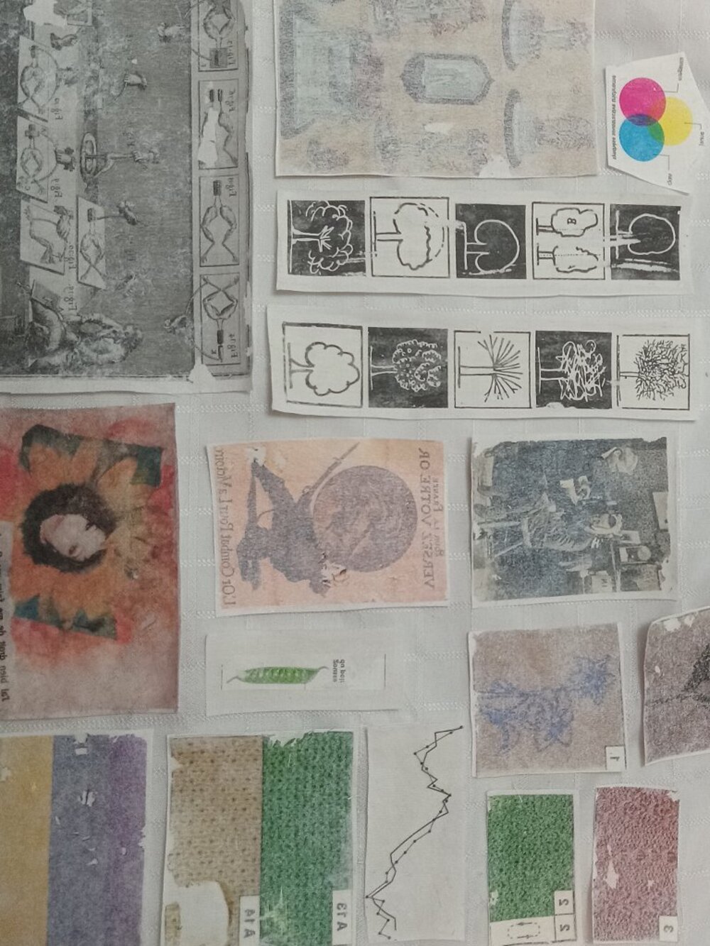 A large selection of handprinted cotton patch to sew with vintage illustrations